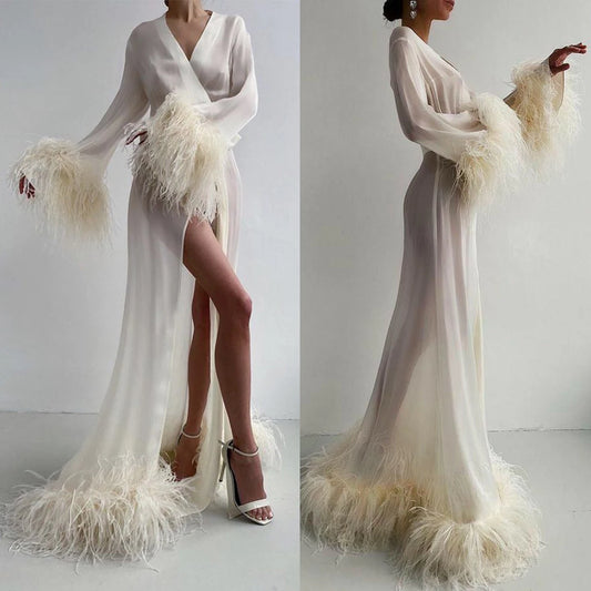 Sexy Chiffon Sleepwear Bridal Dress With Feather New Lllusion V-Neck Long Bathrobe Women Pajamas Housecoat Nightwear Customized